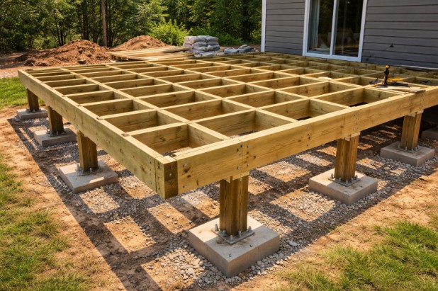 Deck installation framing process with structural support and foundation setup