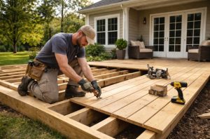 Deck builder constructing a wooden backyard deck for outdoor living