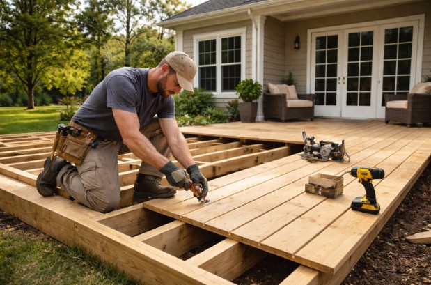 Deck builder constructing a wooden backyard deck for outdoor living