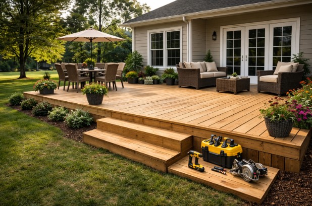 Backyard deck installation completed by a professional deck builder